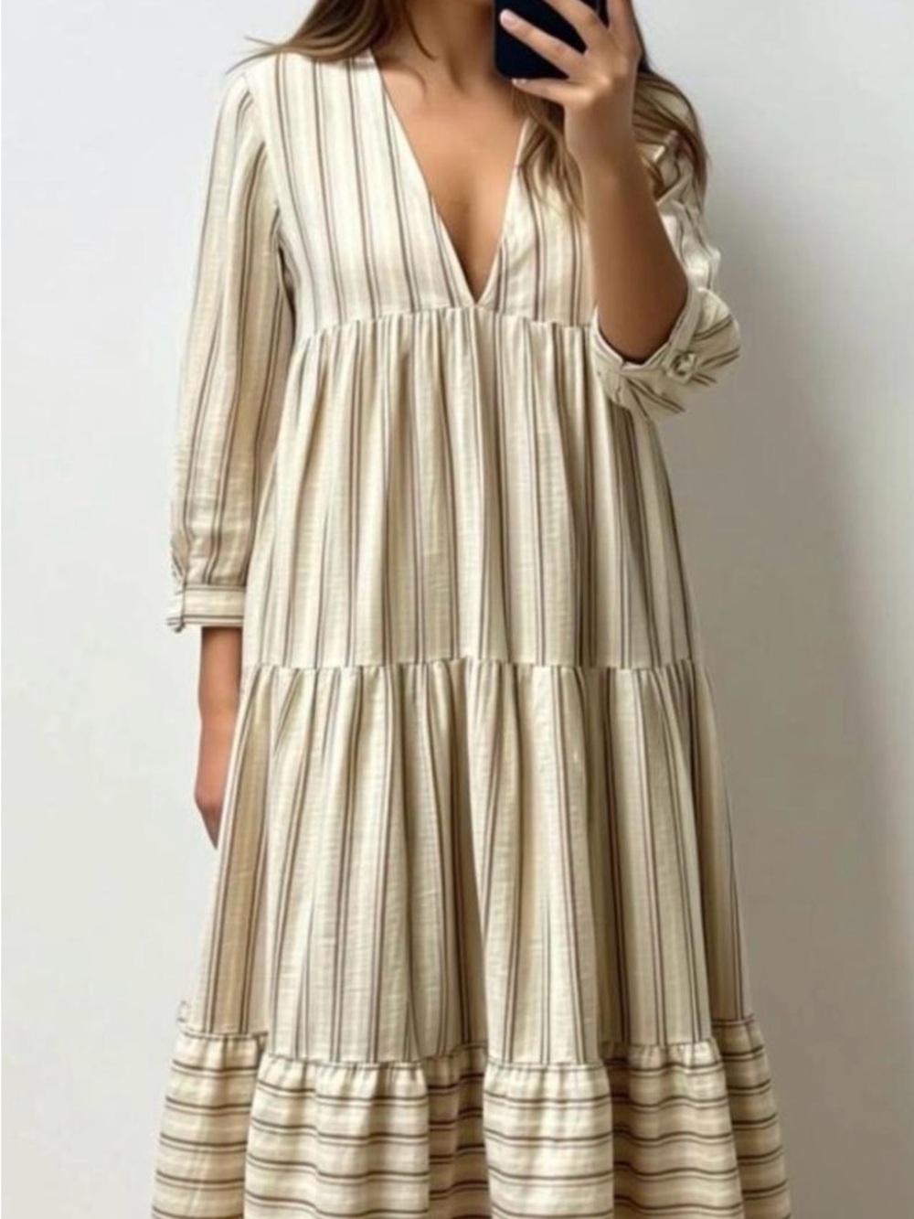 Zara Cream Striped V-Neck Tiered Maxi Dress New